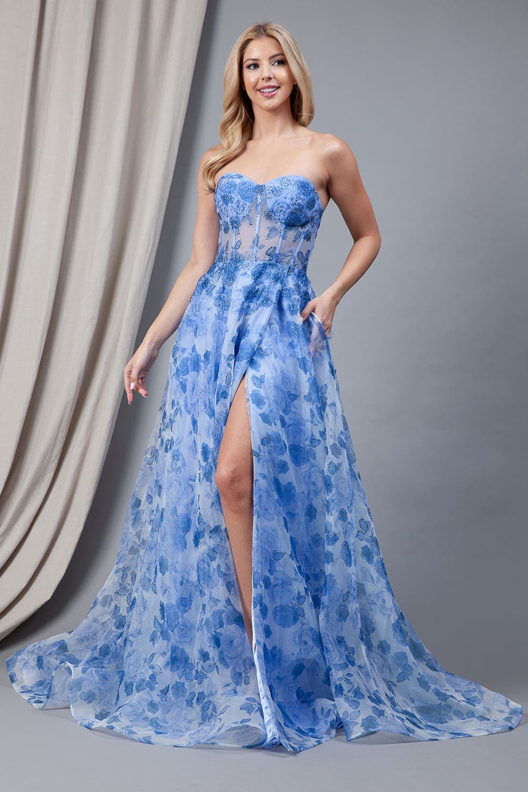 Elegant V Neck Ruffle Tiered Long Prom Dresses Floral Print Backless E –  Rjerdress